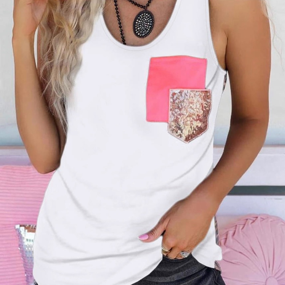Women's White Tank Top with Pink and Gold Accents